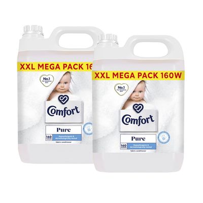Comfort Pure Fabric Conditioner XXL Mega Pack Fabric Softener Washing Liquid, Hypoallergenic and Dermatologically Tested Suitable for Sensitive Skin, 2 Packs of 160 Washes 5L