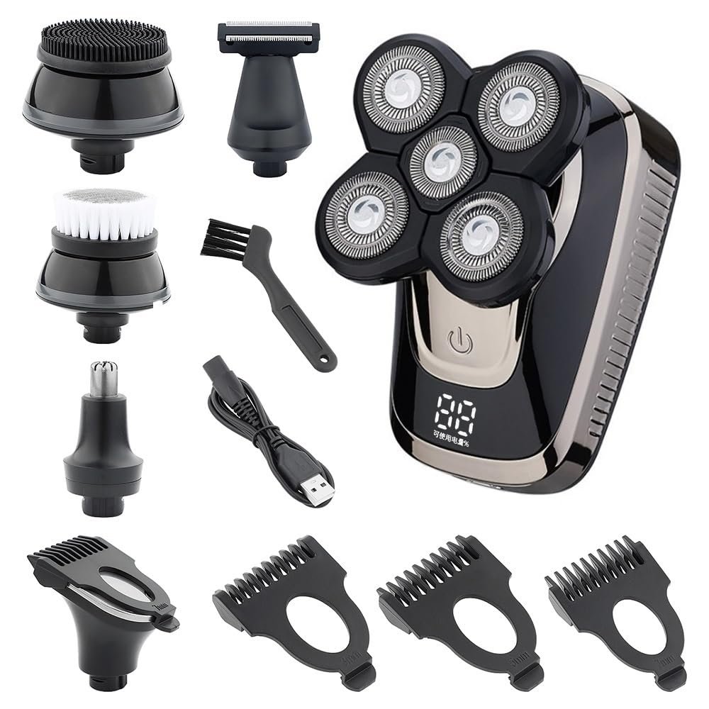Electric Razor for Men, 5 in 1 Bald Head Shaver Electric Razor for Men LED Display Nose Hair Beard Trimmer Clippers Facial Cleansing Brush USB Rechargeable