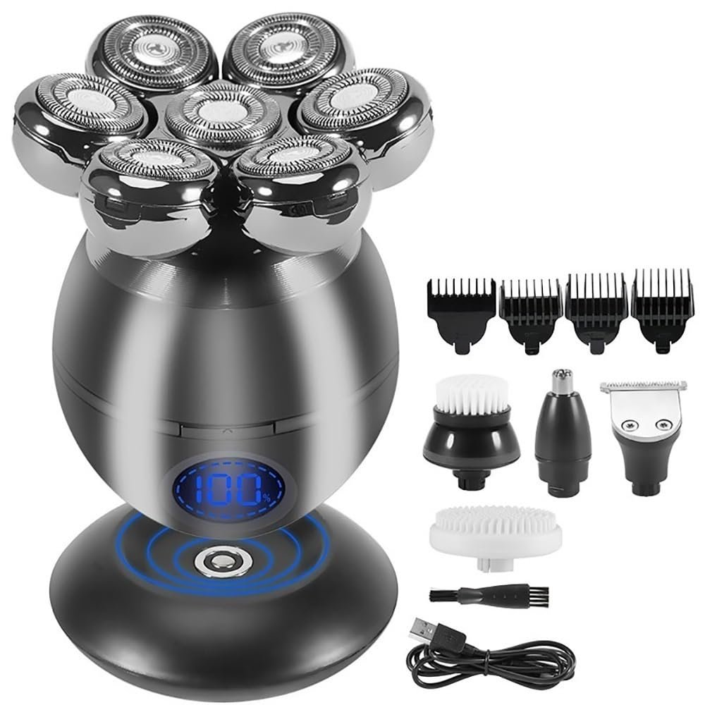 Electric Razor for Men, 5 in 1 7D Rechargeable Bald Head Shavers Kit for Men USB LED Display Electric Razor Heads Beard Ear Nose Hair Facial Trimmer
