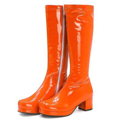 LIPIJIXI Orange Knee High Boots GoGo Boots of the 70s Round Toe Disco Boots Chunky High Heels Platform Boots Patent Side Zipper Tall Boots Size 40