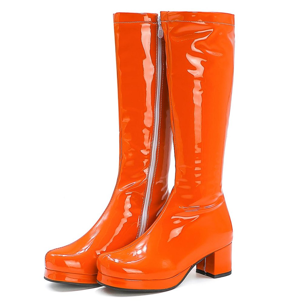 LIPIJIXI Orange Knee High Boots GoGo Boots of the 70s Round Toe Disco Boots Chunky High Heels Platform Boots Patent Side Zipper Tall Boots Size 40