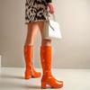 LIPIJIXI Orange Knee High Boots GoGo Boots of the 70s Round Toe Disco Boots Chunky High Heels Platform Boots Patent Side Zipper Tall Boots Size 40 view 4