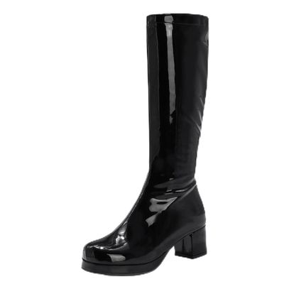 LIPIJIXI Black Knee High Boots GoGo Boots of the 70s Round Toe Disco Boots Chunky High Heels Platform Boots Patent Side Zipper Tall Boots Size 45