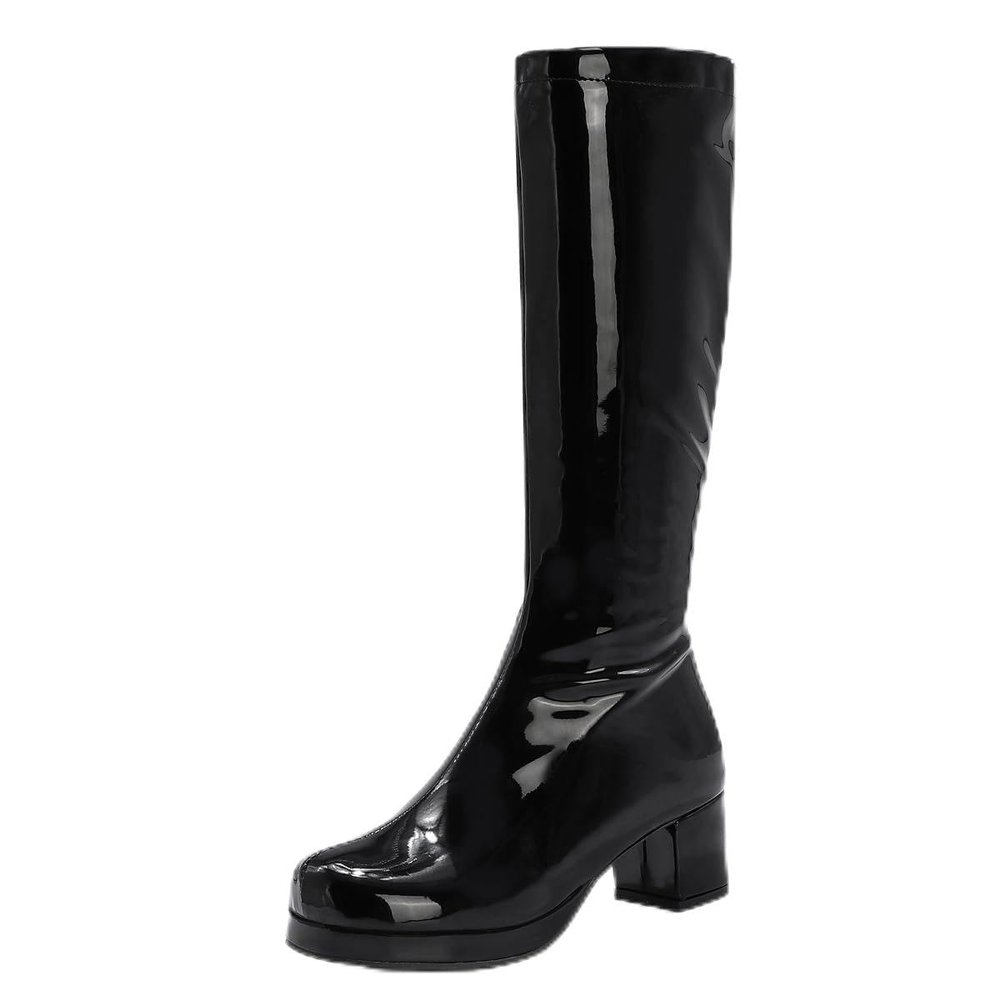 LIPIJIXI Black Knee High Boots GoGo Boots of the 70s Round Toe Disco Boots Chunky High Heels Platform Boots Patent Side Zipper Tall Boots Size 45