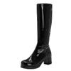 LIPIJIXI Black Knee High Boots GoGo Boots of the 70s Round Toe Disco Boots Chunky High Heels Platform Boots Patent Side Zipper Tall Boots Size 45 view 1