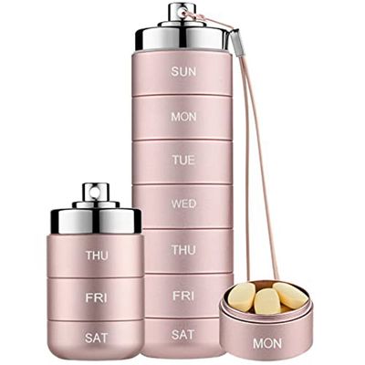 ISTOVO Metal Weekly,Stackable Waterproof Travel Pill Box,Pill Case Container,7 Day Daily Medicine Organizer Pink