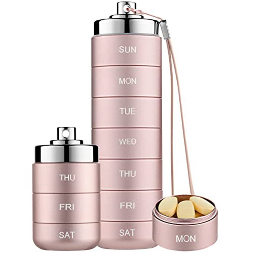 ISTOVO Metal Weekly,Stackable Waterproof Travel Pill Box,Pill Case Container,7 Day Daily Medicine Organizer Pink