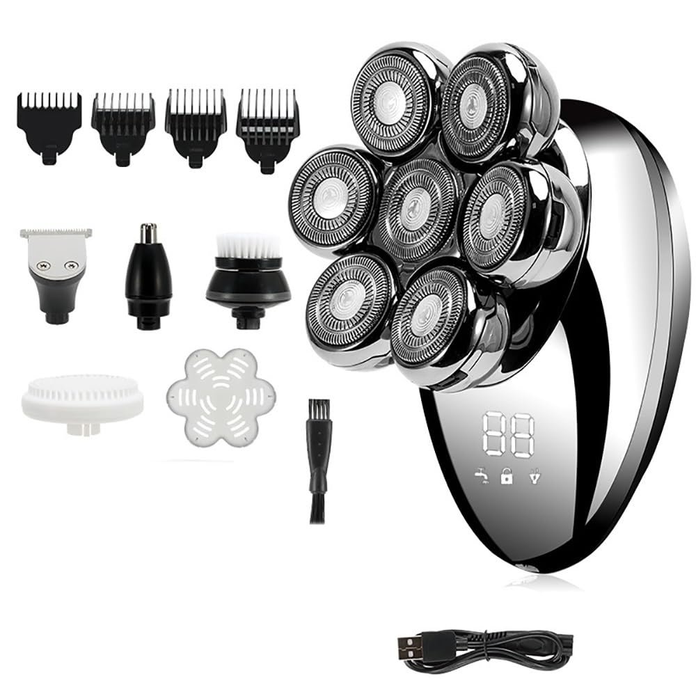 JQUAL Electric Razor for Men, Men 7D Floating Men Electric Shaver Wet Dry Beard Hair Trimmer Electric Razor Rechargeable Bald Head Shaving Machine LCD Display (Color : Silver-Pro)