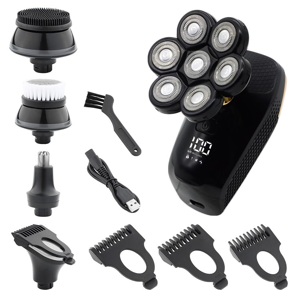 JQUAL Electric Razor for Men, 5 In 1 Bald Head Shaver Multifunctional Electric Razor Head Shaving For Bald Men LED Display Cleansing Brush Nose Hair Trimmer