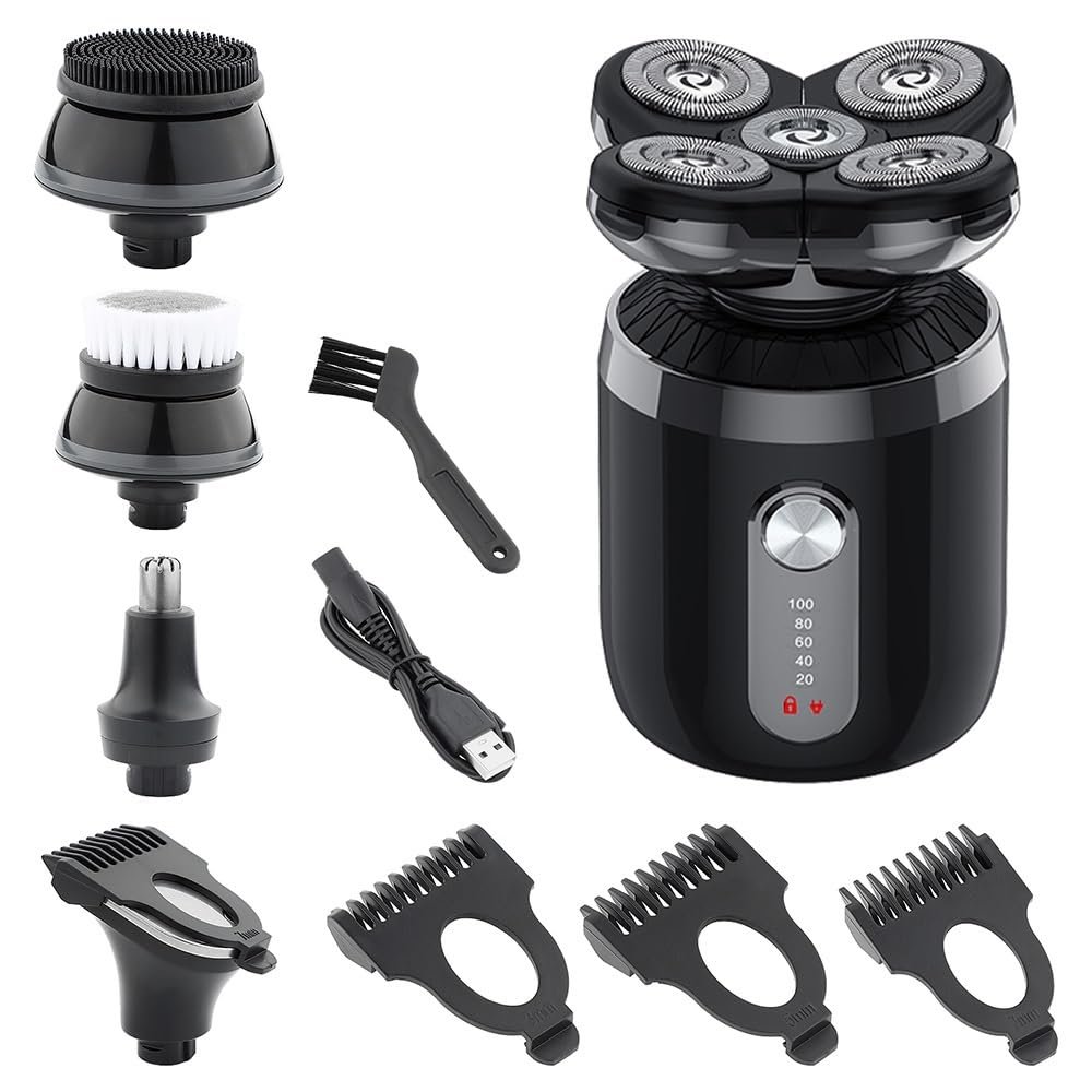 Electric Razor for Men, 4D Men's Rechargeable Bald Head 5 in 1 Electric Shaver 5 Floating Heads Beard Nose Ear Hair Trimmer Razor Clipper Facial Brush