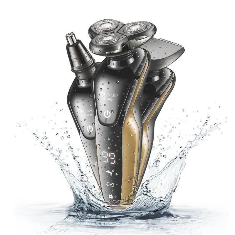 JQUAL Electric Razor for Men, 3 In 1 Electric Shaver 3D Floating Beard Razor IPX4 Waterproof Rechargeable Nose Hair Trimmer Men Hair Cutting Machine (Color : Gold)