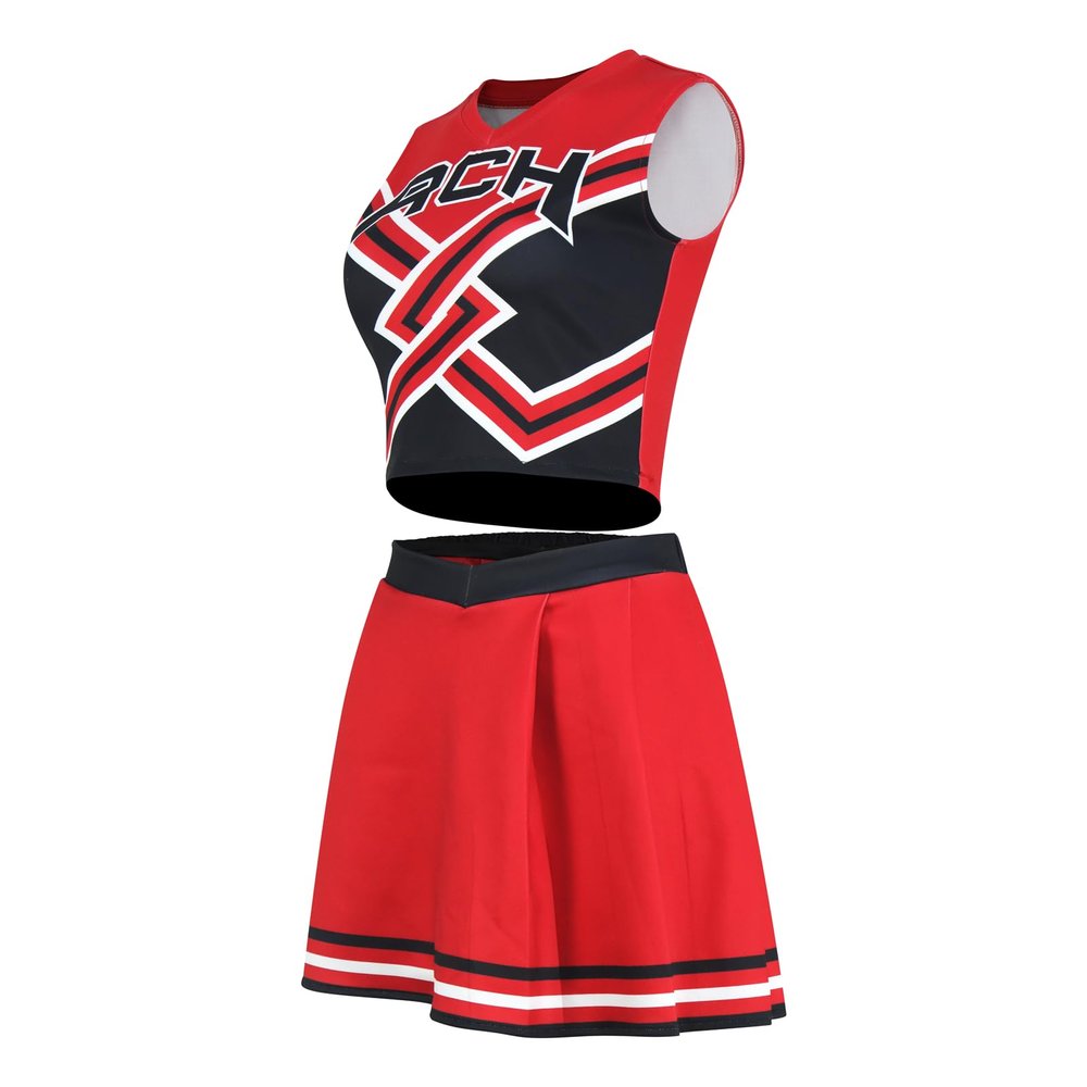 2 Piece Women Cheerleader Costume Top Skirt Sets Cosplay Cheer Outfit Halloween Cheerleading Party, Red, S