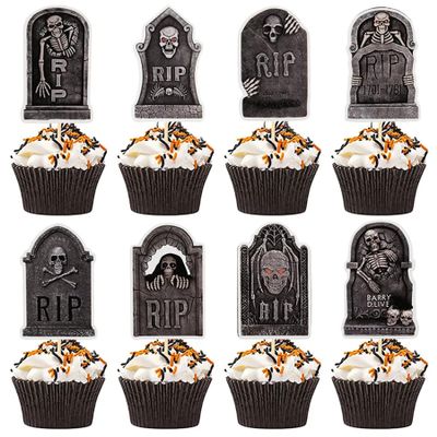 24 Pcs Halloween Cupcake Toppers Tombstone Cupcake Toppers Horror Skeleton RIP Dessert Cake Flags Gravestone Cake Toppers for Halloween Themed and Birthday Party Decorations Supplies (A)