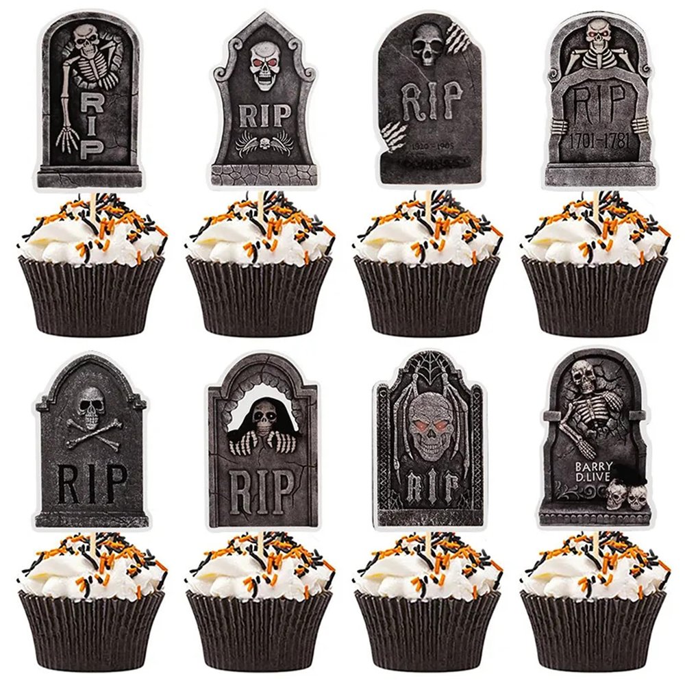 24 Pcs Halloween Cupcake Toppers Tombstone Cupcake Toppers Horror Skeleton RIP Dessert Cake Flags Gravestone Cake Toppers for Halloween Themed and Birthday Party Decorations Supplies (A)