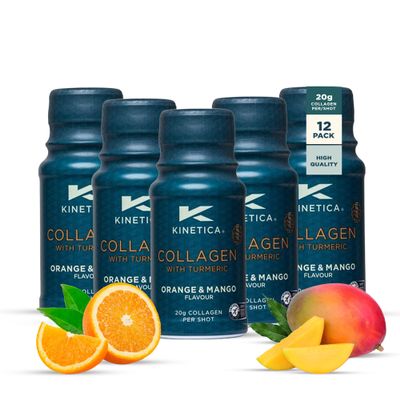 Kinetica Sports Collagen Shots with Turmeric - Orange & Mango Flavour | 20,000mg Bovine Collagen/Shot, 12 Shots/Pack | Contains 50mg Vitamin C | Beneficial for Joint, Ligament, Muscle & Skin Health