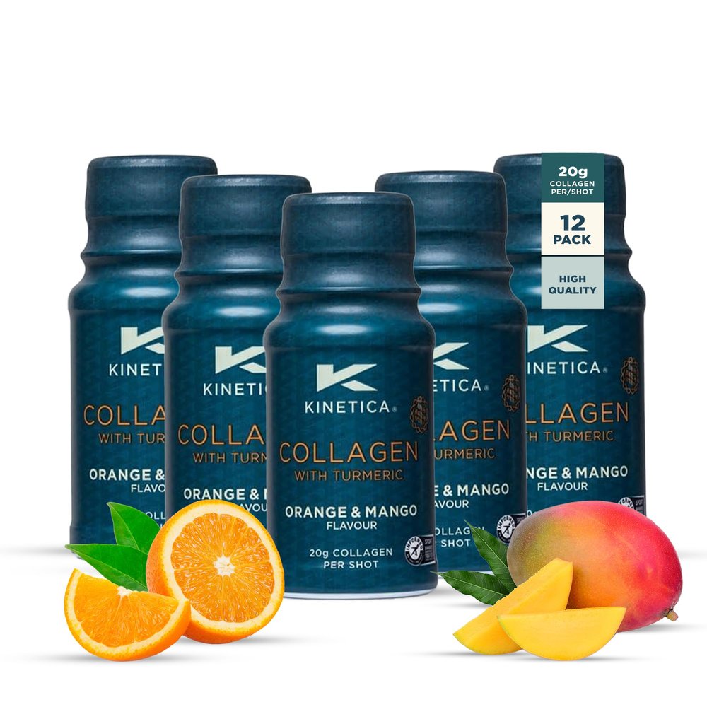 Kinetica Sports Collagen Shots with Turmeric - Orange & Mango Flavour | 20,000mg Bovine Collagen/Shot, 12 Shots/Pack | Contains 50mg Vitamin C | Beneficial for Joint, Ligament, Muscle & Skin Health