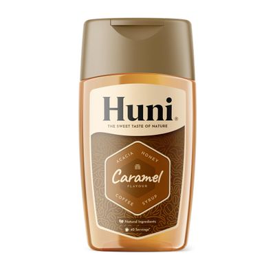 Huni Natural Coffee Syrup | Caramel 200ml - Acacia Honey Based Natural Coffee Syrup - 40 Servings - For Coffees, Hot Chocolate, Protein Shakes, Smoothies, Milkshakes, Yogurt, Breakfast Bowls & More