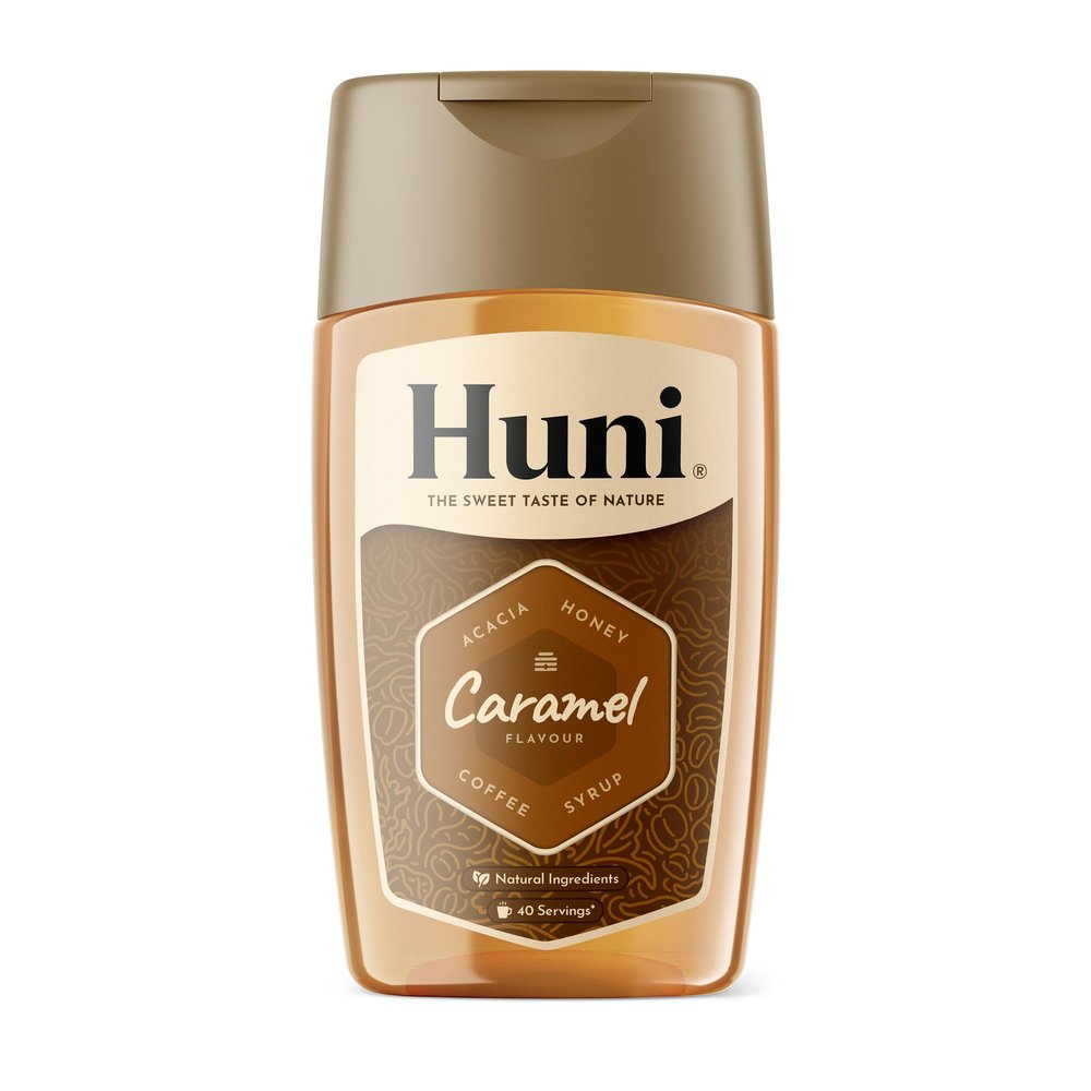 Huni Natural Coffee Syrup | Caramel 200ml - Acacia Honey Based Natural Coffee Syrup - 40 Servings - For Coffees, Hot Chocolate, Protein Shakes, Smoothies, Milkshakes, Yogurt, Breakfast Bowls & More