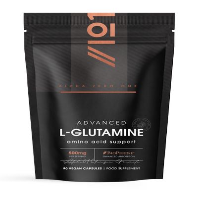 L-Glutamine 500mg with BioPerine  90 Vegan Capsules  Fermented Amino Acid Supplement - Resealable and Recyclable Pouch by Alpha01