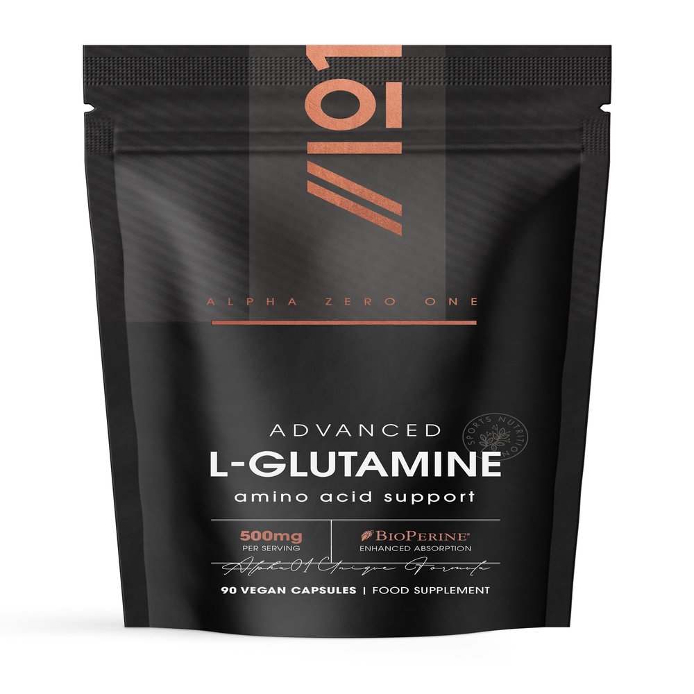L-Glutamine 500mg with BioPerine  90 Vegan Capsules  Fermented Amino Acid Supplement - Resealable and Recyclable Pouch by Alpha01