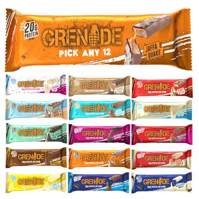 Grenade Protein Bar - Pick any 12 Protein Bars from Birthday Cake, Cookie Dough, Salted Caramel, Fudged up, Peanut Nutter, Salted Peanut, Dark Chocolate Mint & More. High Protein & Fibre and Low Sugar