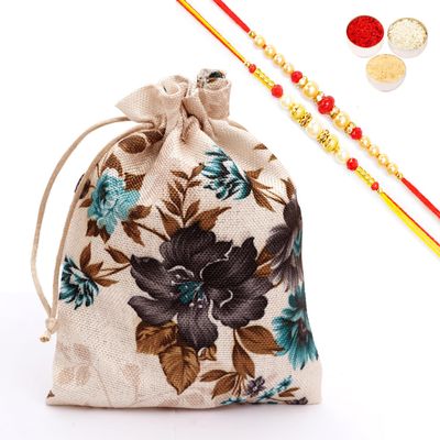 Ghasitaram Gifts Jaiccha Rakhi Gifts for Brothers - Printed Jute Pouch with Bites with 2 Rakhis