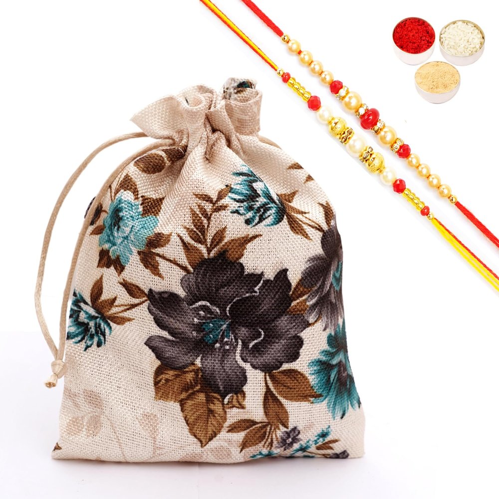 Ghasitaram Gifts Jaiccha Rakhi Gifts for Brothers - Printed Jute Pouch with Bites with 2 Rakhis