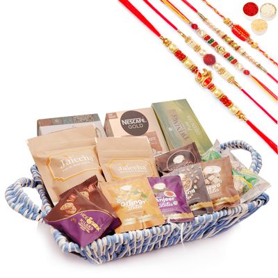 Ghasitaram Gifts Jaiccha Rakhi Gifts for Brothers - Blue Recatangle Jute Basket of 20 Goodies with Milk cake with 5 Rakhis