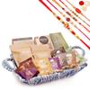 Ghasitaram Gifts Jaiccha Rakhi Gifts for Brothers - Blue Recatangle Jute Basket of 20 Goodies with Milk cake with 5 Rakhis view 1