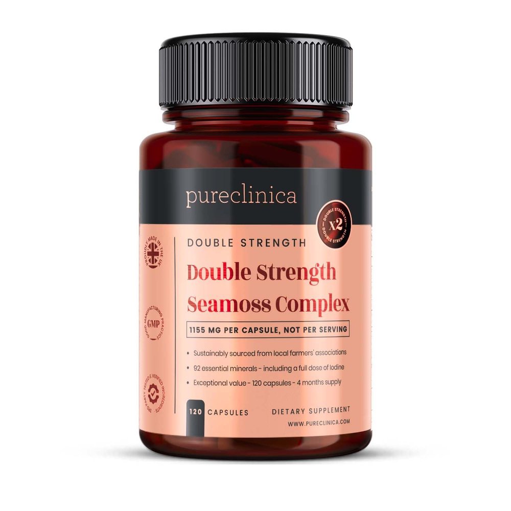 Pureclinica Double Strength Seamoss Complex - 1155mg x 120 Capsules (4 Months Supply) with 500mg Seamoss, 500mg Bladderwrack & 150mg Burdock Root