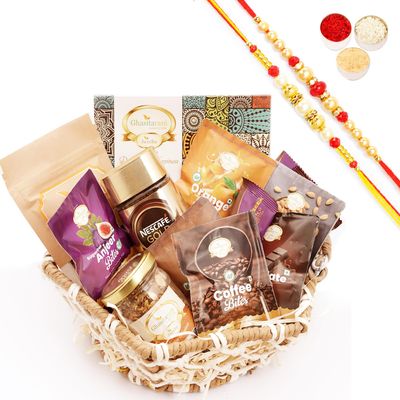 Ghasitaram Gifts Jaiccha Rakhi Gifts for Brothers - Jute Hexagon Basket with bites and Milk Cake with 2 Rakhis