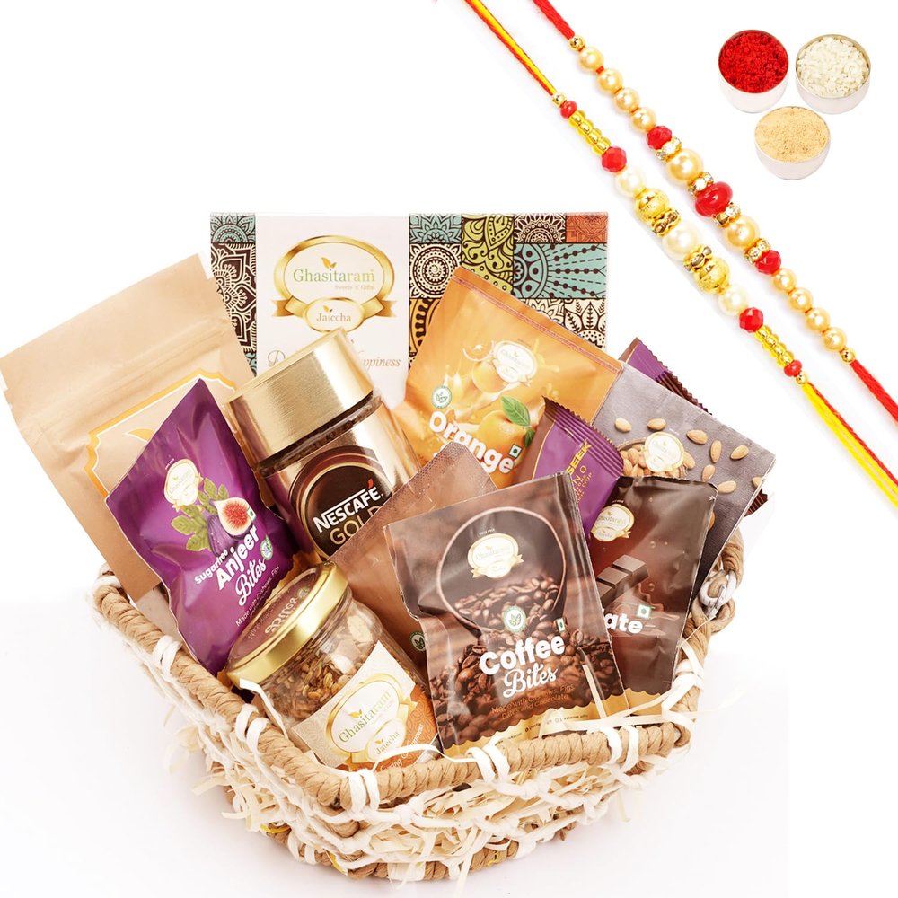 Ghasitaram Gifts Jaiccha Rakhi Gifts for Brothers - Jute Hexagon Basket with bites and Milk Cake with 2 Rakhis