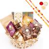 Ghasitaram Gifts Jaiccha Rakhi Gifts for Brothers - Jute Hexagon Basket with bites and Milk Cake with 2 Rakhis view 1