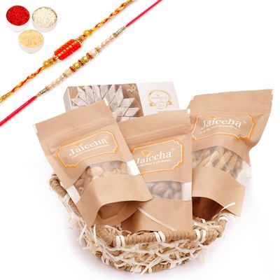 Ghasitaram Gifts Jaiccha Rakhi Gifts for Brothers - Jute Hexagon Basket with kaju Katli with 2 Rakhis