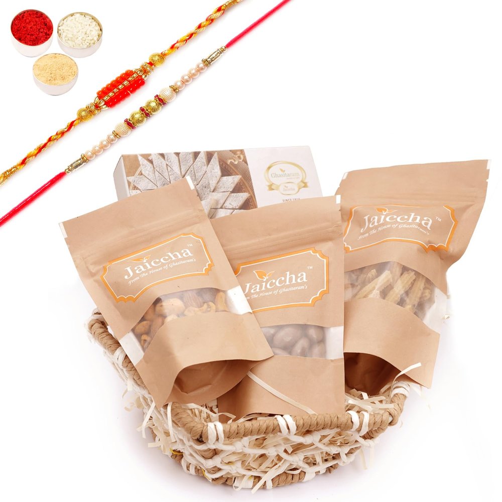 Ghasitaram Gifts Jaiccha Rakhi Gifts for Brothers - Jute Hexagon Basket with kaju Katli with 2 Rakhis