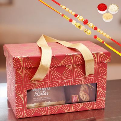 Ghasitaram Gifts Jaiccha Rakhi Gifts for Brothers - 2 Jars Red Box With Bites and Cookies with 2 Rakhis