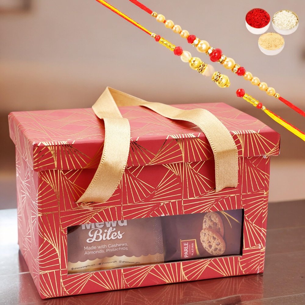 Ghasitaram Gifts Jaiccha Rakhi Gifts for Brothers - 2 Jars Red Box With Bites and Cookies with 2 Rakhis