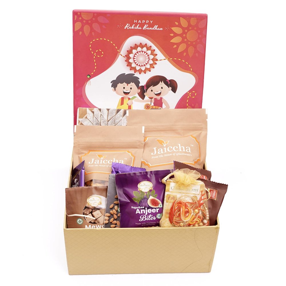 Ghasitaram Gifts Jaiccha Rakhi Gifts for Brothers - Raksha Bandhan Hamper Box with Sweets With Kaju Katli with 2 Rakhis