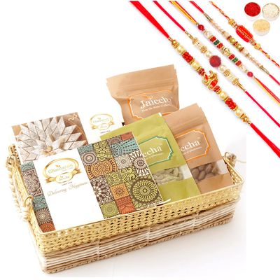 Ghasitaram Gifts Jaiccha Rakhi Gifts for Brothers - Jute Metal Rectangle Basket with Kaju Katli and Milk Cake with 5 Rakhis