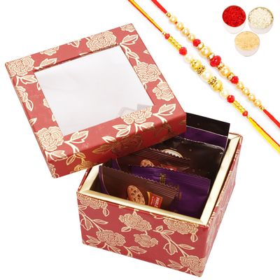 Ghasitaram Gifts Jaiccha Rakhi Gifts for Brothers - Red Printed Fancy Box with cookies and bites with 2 Rakhis