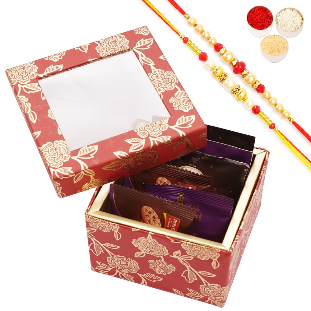 Ghasitaram Gifts Jaiccha Rakhi Gifts for Brothers - Red Printed Fancy Box with cookies and bites with 2 Rakhis