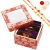 Ghasitaram Gifts Jaiccha Rakhi Gifts for Brothers - Red Printed Fancy Box with cookies and bites with 2 Rakhis