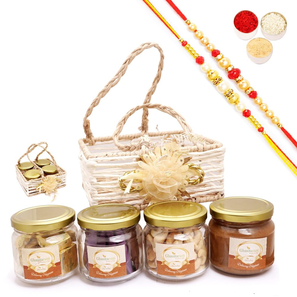 Ghasitaram Gifts Jaiccha Rakhi Gifts for Brothers - Jute Square Basket with flower with 2 Rakhis