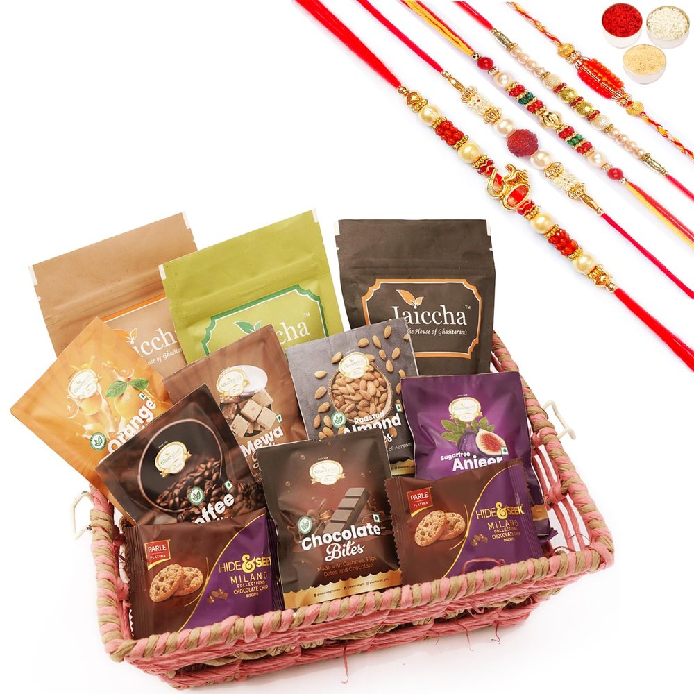Ghasitaram Gifts Jaiccha Rakhi Gifts for Brothers - Pink Rectangle Jute Basket with 15 Assorted Goodies with 5 Rakhis