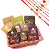 Ghasitaram Gifts Jaiccha Rakhi Gifts for Brothers - Pink Rectangle Jute Basket with 15 Assorted Goodies with 5 Rakhis view 1