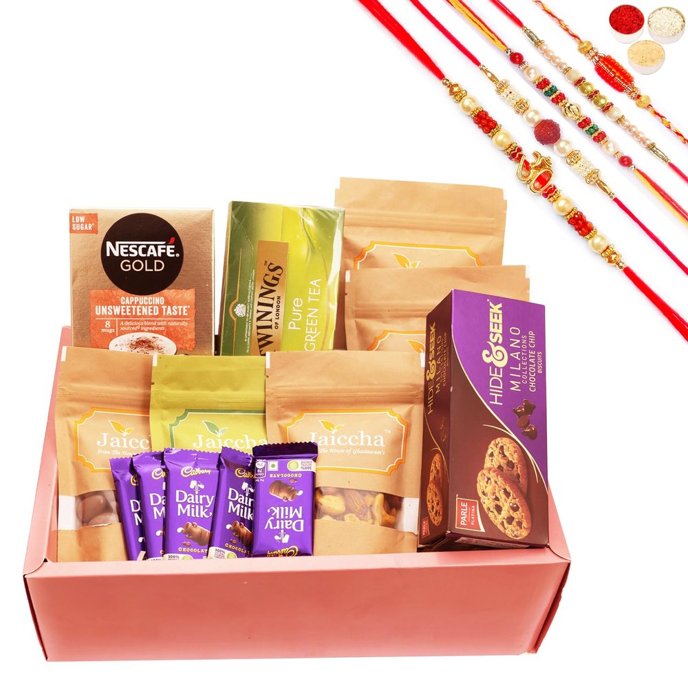 Ghasitaram Gifts Jaiccha Rakhi Gifts for Brothers - Rust Hamper Box wit pouches with 5 Rakhis