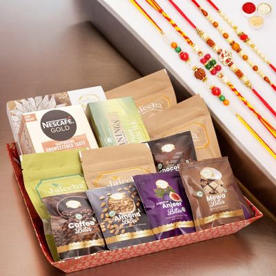 Ghasitaram Gifts Jaiccha Rakhi Gifts for Brothers - Big Red Tray with 5 Rakhis