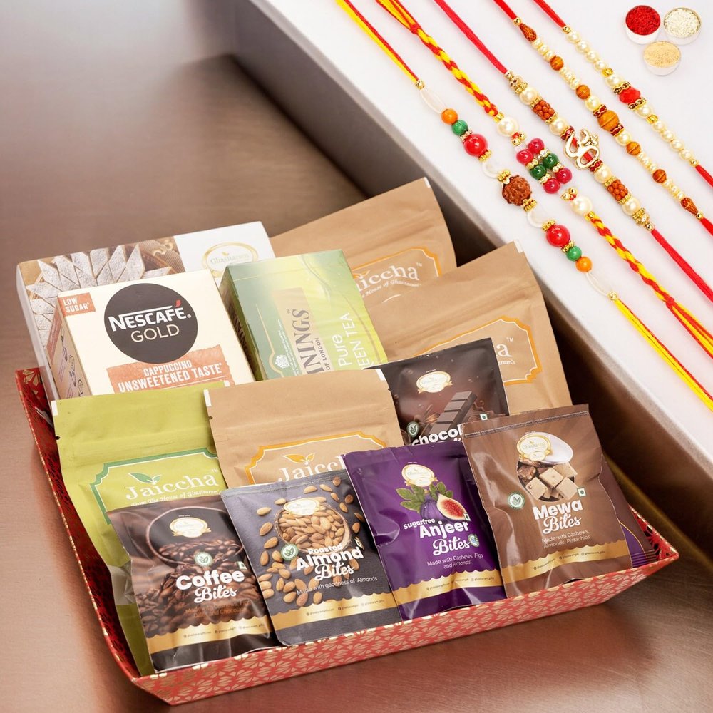 Ghasitaram Gifts Jaiccha Rakhi Gifts for Brothers - Big Red Tray with 5 Rakhis