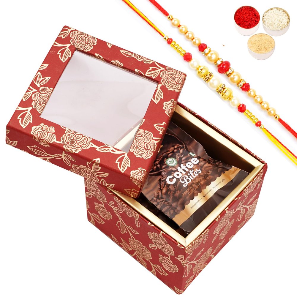 Ghasitaram Gifts Jaiccha Rakhi Gifts for Brothers - Red Printed Fancy Box with bites with 2 Rakhis