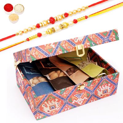 Ghasitaram Gifts Jaiccha Rakhi Gifts for Brothers - Fabric Trunk box with assorted dryfruits with 2 Rakhis